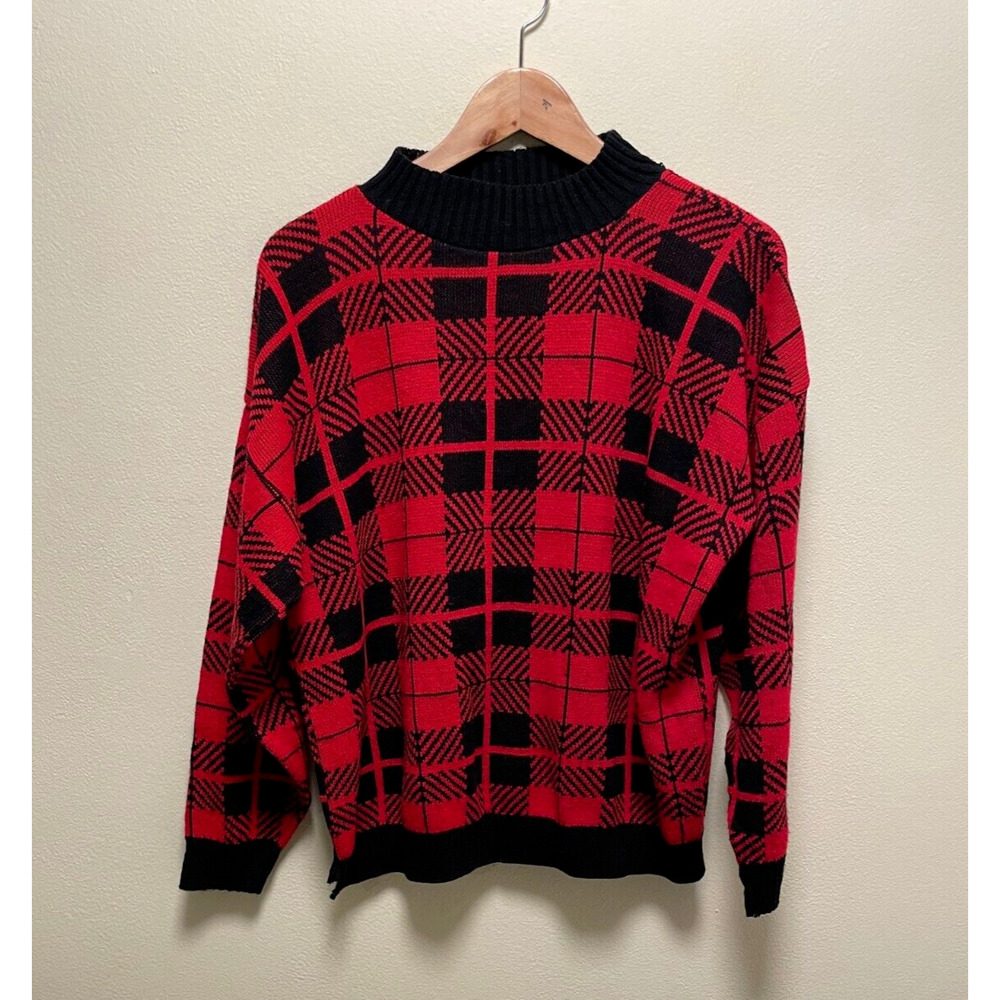 Vintage Hot Cashews Womens Sweater XL Red Black Plaid Mock Grunge Academia READ